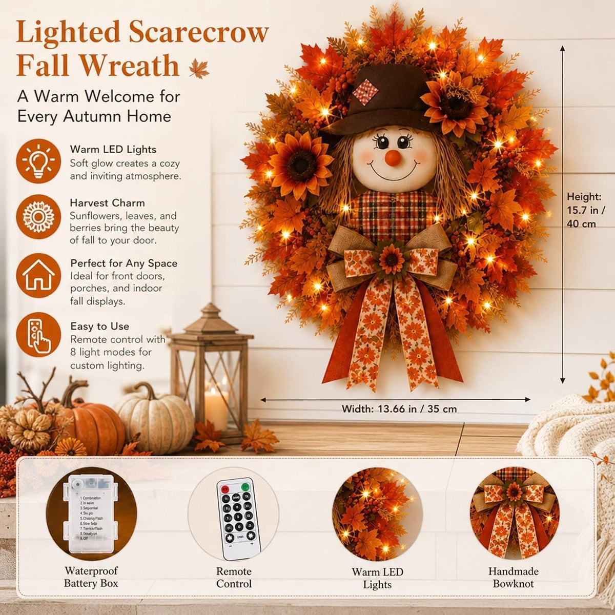 Lighted Scarecrow Halloween Fall Wreath for Front Door, Autumn Harvest Decor, Sunflower Maple Wreath, Warm LED and Farmhouse Burlap Bow & Leaf