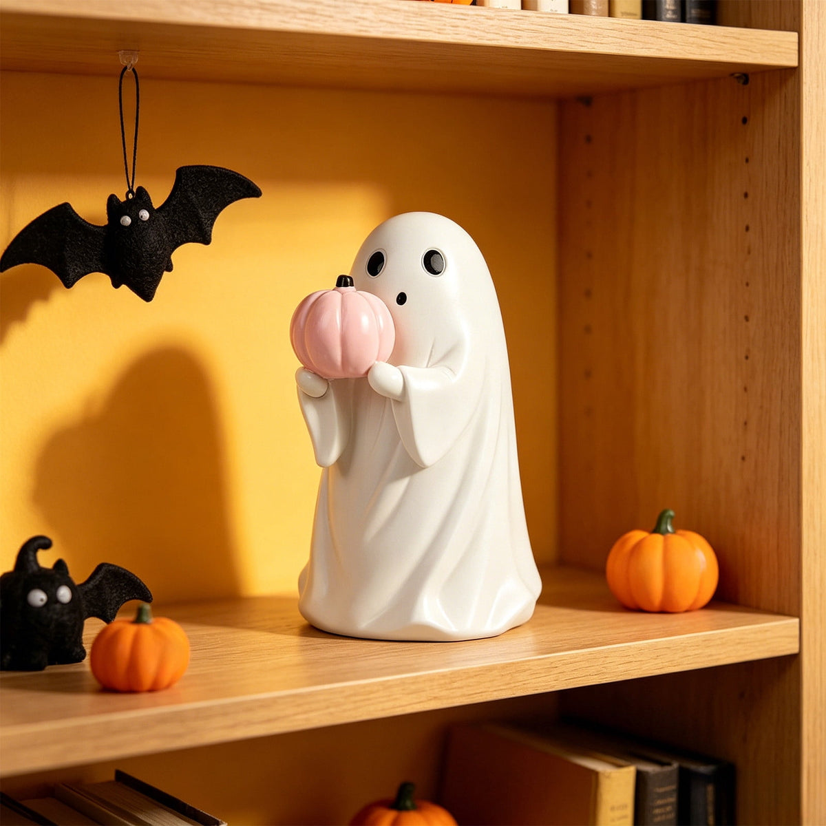 Halloween Ghost Figurine, Ghost Girl with Pink Bow & Hot Drink, Funny Ghost Statue Halloween Decor for Gift, Cute Spooky Tabletop Ornament for Home, Mantle, Desk & Party Decoration