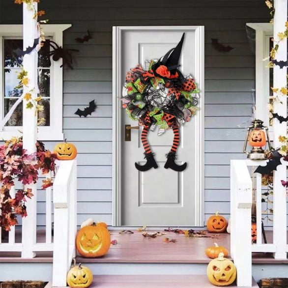 ZOELNIC Halloween Wreath,,29.5 Inch Witch Halloween Wreath with Hat Witches Legs Pumpkin, Halloween Decorations for Front Door,Porch,Window,Indoor and Outdoor Decor