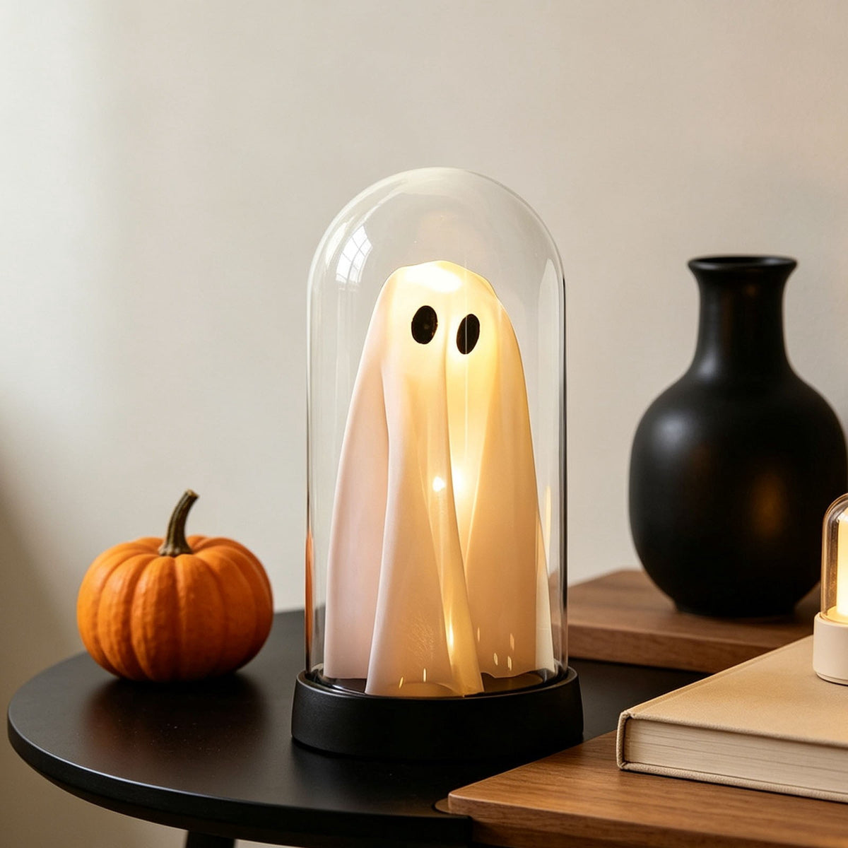 Orangide Halloween Ghost Cloche Night Light Fabric Ghost Lamp with Glass Dome for Mantel Shelf Spooky Party and Home Decor Ornament