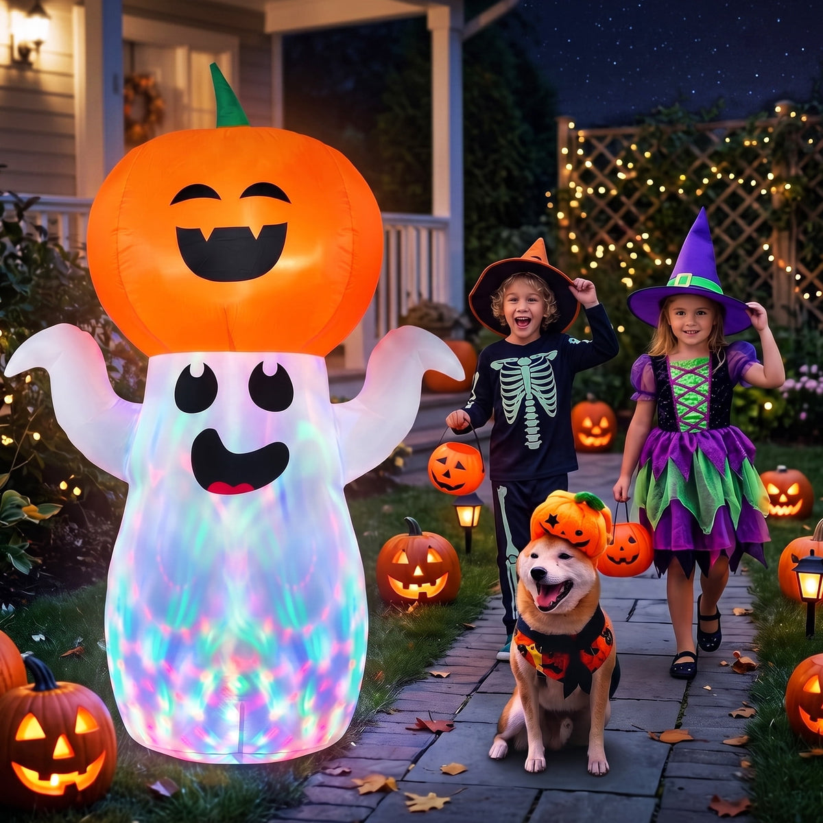 GVDV 5Ft Halloween Inflatables Pumpkin Ghost Decorations with 360° Rotating Colorful LED Lights, Halloween Blow Ups Indoor/Outdoor Decor for Party, Yard, Lawn