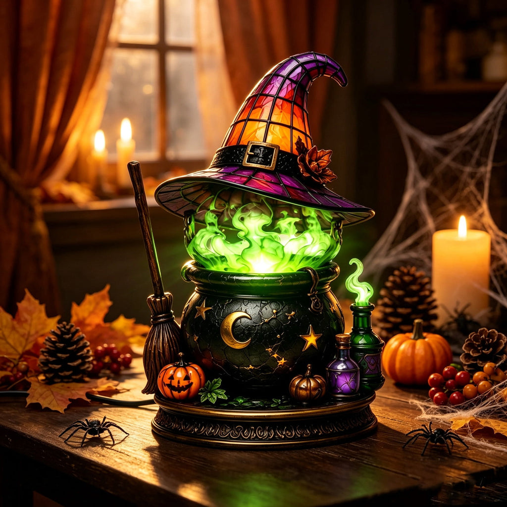 Halloween Lighted Witch Cauldron Decor Lamp, Stained Glass Witch Hat Magic Pot Night Light with Pumpkin & Potion Bottle Details, Spooky Vintage Tabletop Ornament for Mantel Living Room Party