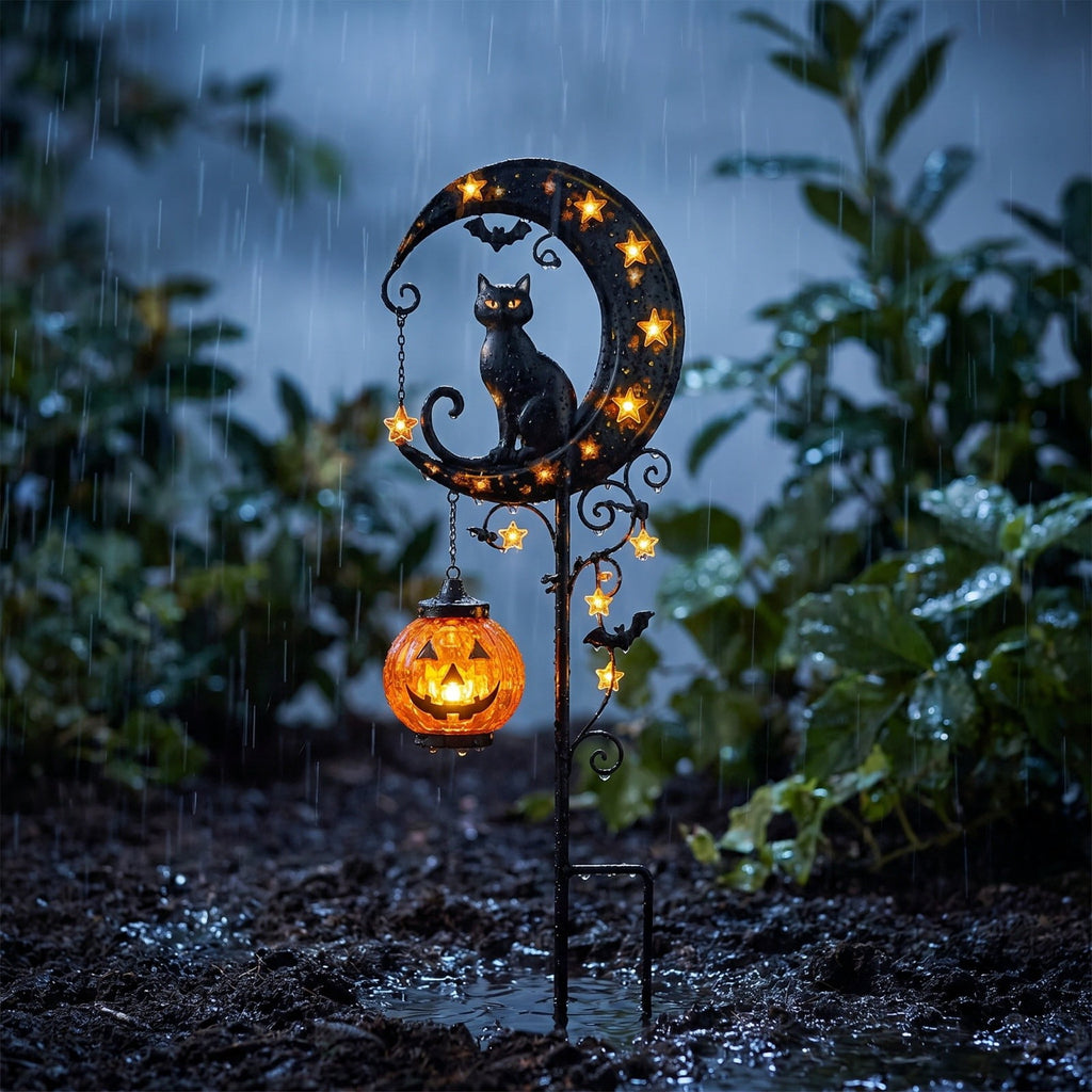 Clearance Halloween Solar Black Cat & Pumpkin Moon Garden Stake Light, Outdoor Waterproof LED Yard Decoration with Crescent Moon, Hanging Jack-o'-Lantern Lantern for Garden, Patio, Walkway, Porch