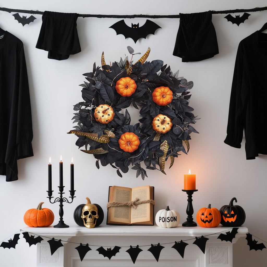 Festisoul Halloween Pumpkin Wreath for Front Door, 18'' Fall Wreath, Rattan Bottom Halloween Indoor Outdoor Decorations for Home, Party, Fireplace