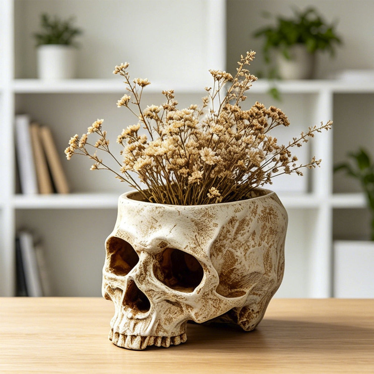 AuroraX Halloween Skeleton Head Plantser Halloween Resin Skull Flower Pot Indoor Spooky Cactus Candy Halloween Desk Decoration Black