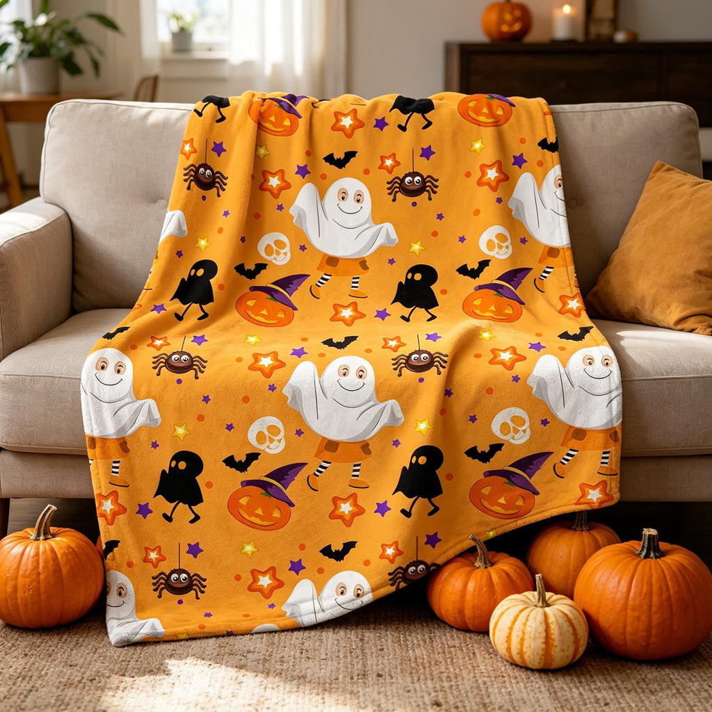 Halloween blanket,Halloween Print Throw Blanket Flannel Soft Cozy Decorative Nap Blanket with Ghost Pumpkin Skull for Office Bedroom Sofa Camping Travel(100x150cm/39x59 Inch),Black