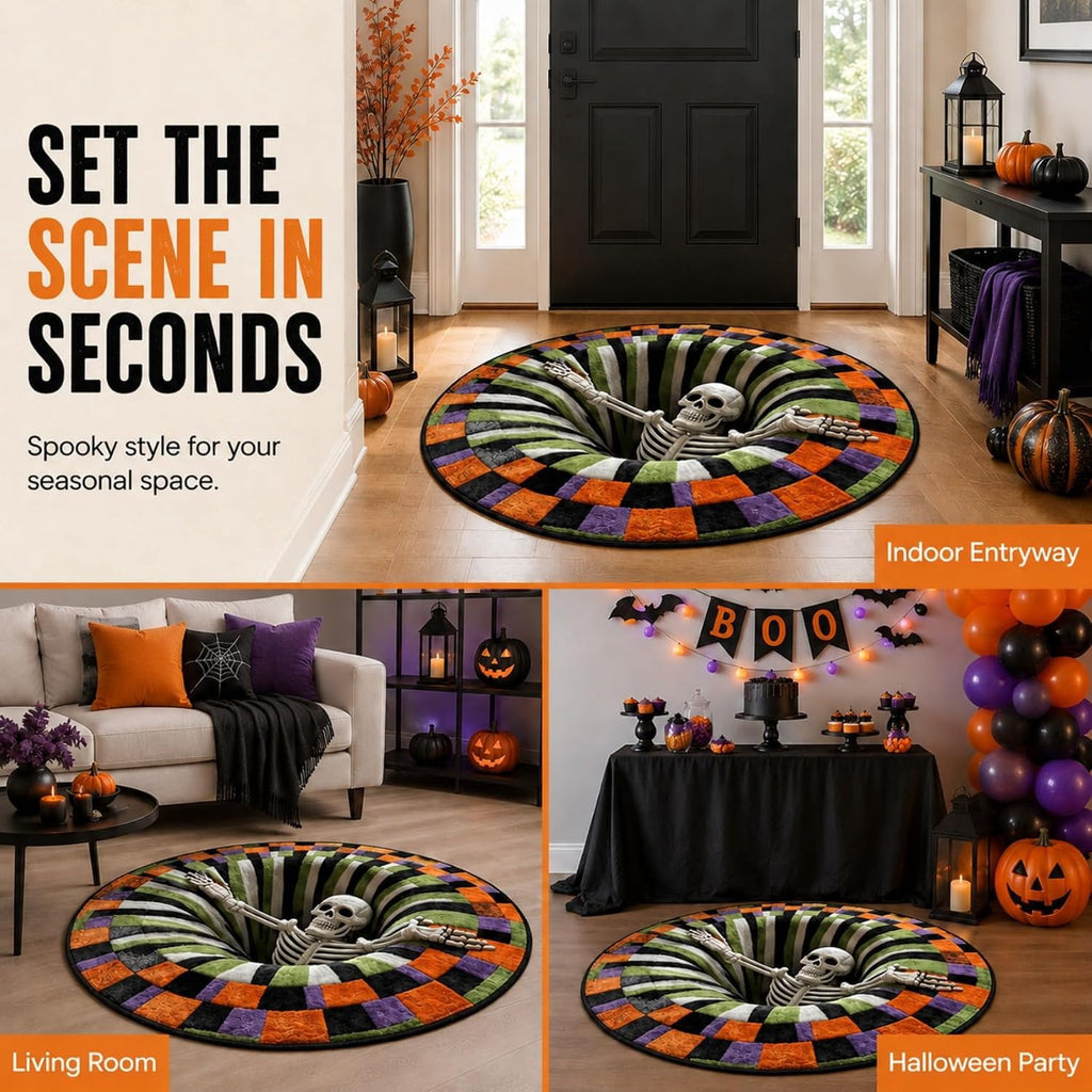 3D Halloween Rug, skeleton vortex quilted round Mat (#B,140 cm / 55.1 in) | 3D Candy Corn Abyss Quilted Round Mat with Spooky Depth Design Crystal Velvet Soft & Durable Fabric Non-slip