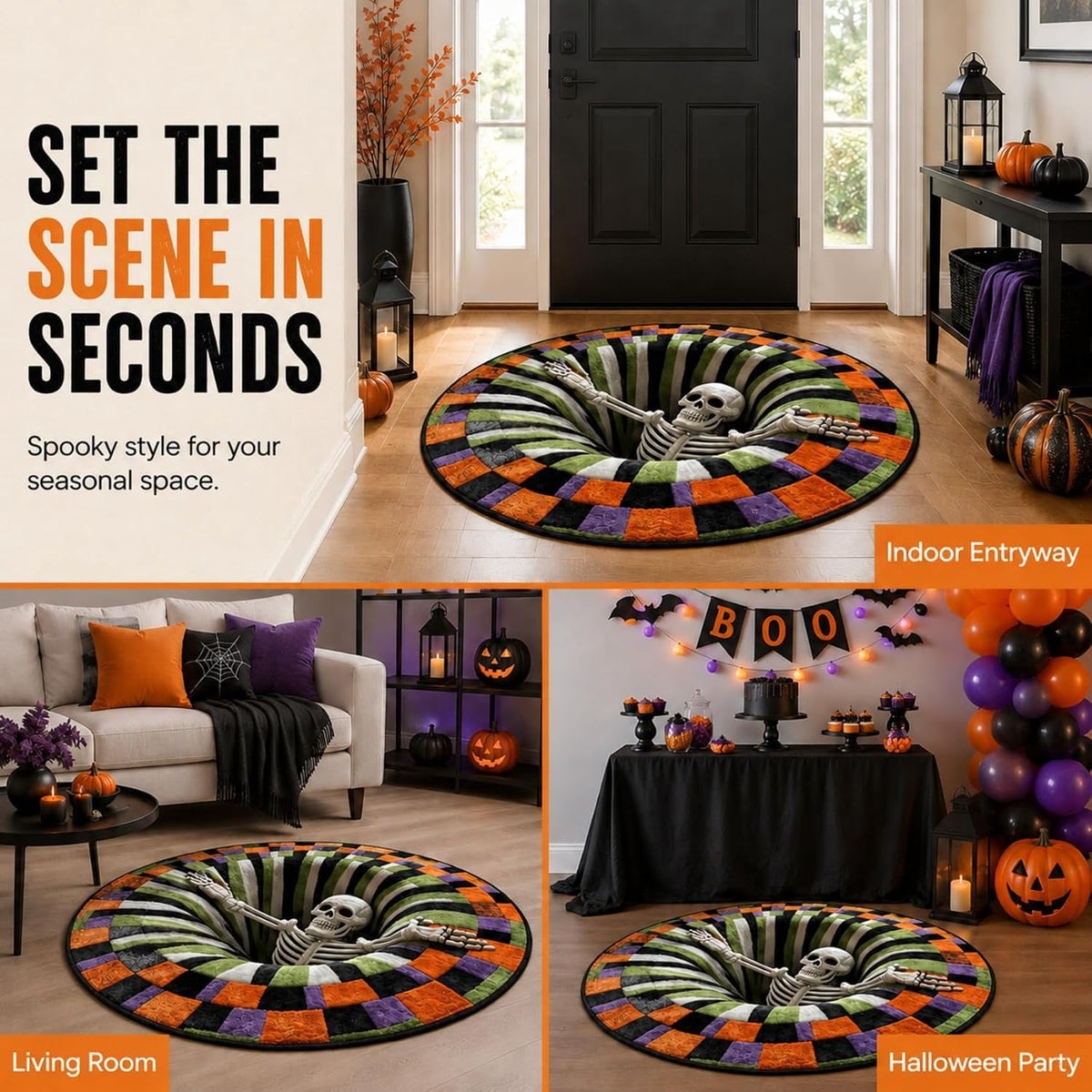 3D Halloween Rug, skeleton vortex quilted round Mat (#B,140 cm / 55.1 in) | 3D Candy Corn Abyss Quilted Round Mat with Spooky Depth Design Crystal Velvet Soft & Durable Fabric Non-slip