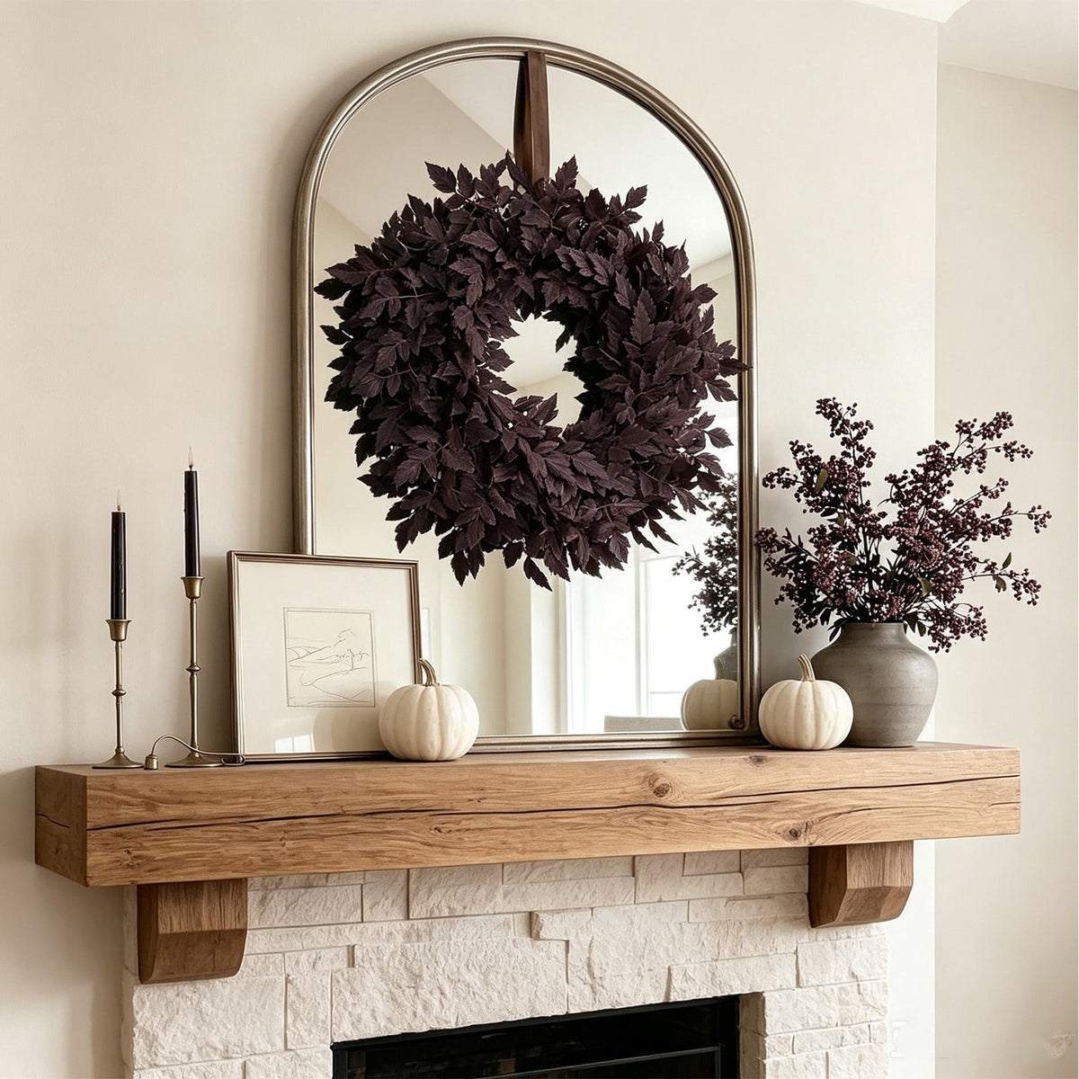Halloween Artificial Dark Bugbane Leaves Wreath, 23.6 Inch Faux Burgundy Snakeroot Foliage Crown, Gothic Autumn Front Door Hanging Garland for Farmhouse Wall Decor