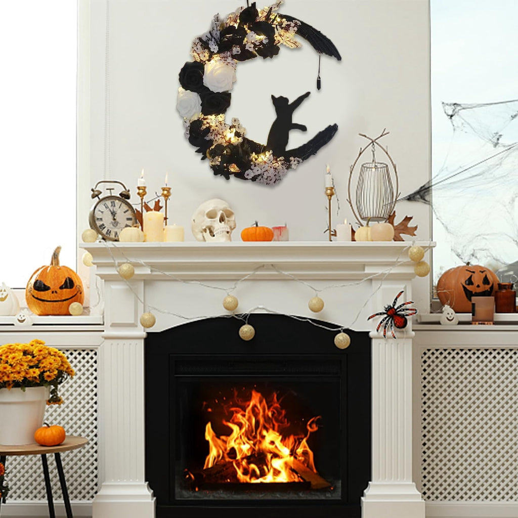 Halloween Moon Wreaths for Front Door, Black Cat on Moon Wreath Halloween Decor, Spooky Halloween Decorations Crescent Moon Wreath for Home Party Window Wall Indoor Outdoor