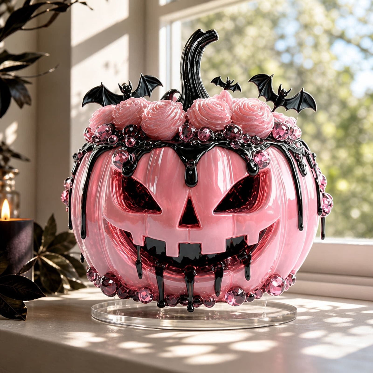 XIA0LE Pink Jack O Pumpkin Figurine With Pink Roses Black Bat Decor Plaque Decoration, Gothic Pink Pumpkin Statue, Spooky Cute Halloween Tabletop Mantel Home Decor Ornament