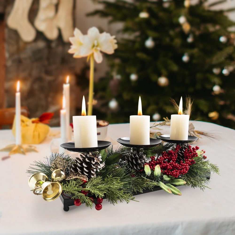 flangairy 3 Pillar Black Metal Candle Holders for Table Centerpiece, Fall Thanksgiving & Halloween Dining Table, Fireplace Mantel Decor, Tray Candlestick for Living Room Rustic Decorations