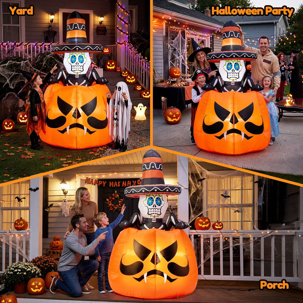 GVDV 6 FT Halloween Inflatables Animated Pumpkin Skull Outdoor Decorations Blow Up Yard with Built-in LEDs for Indoor Party Garden Lawn Decor
