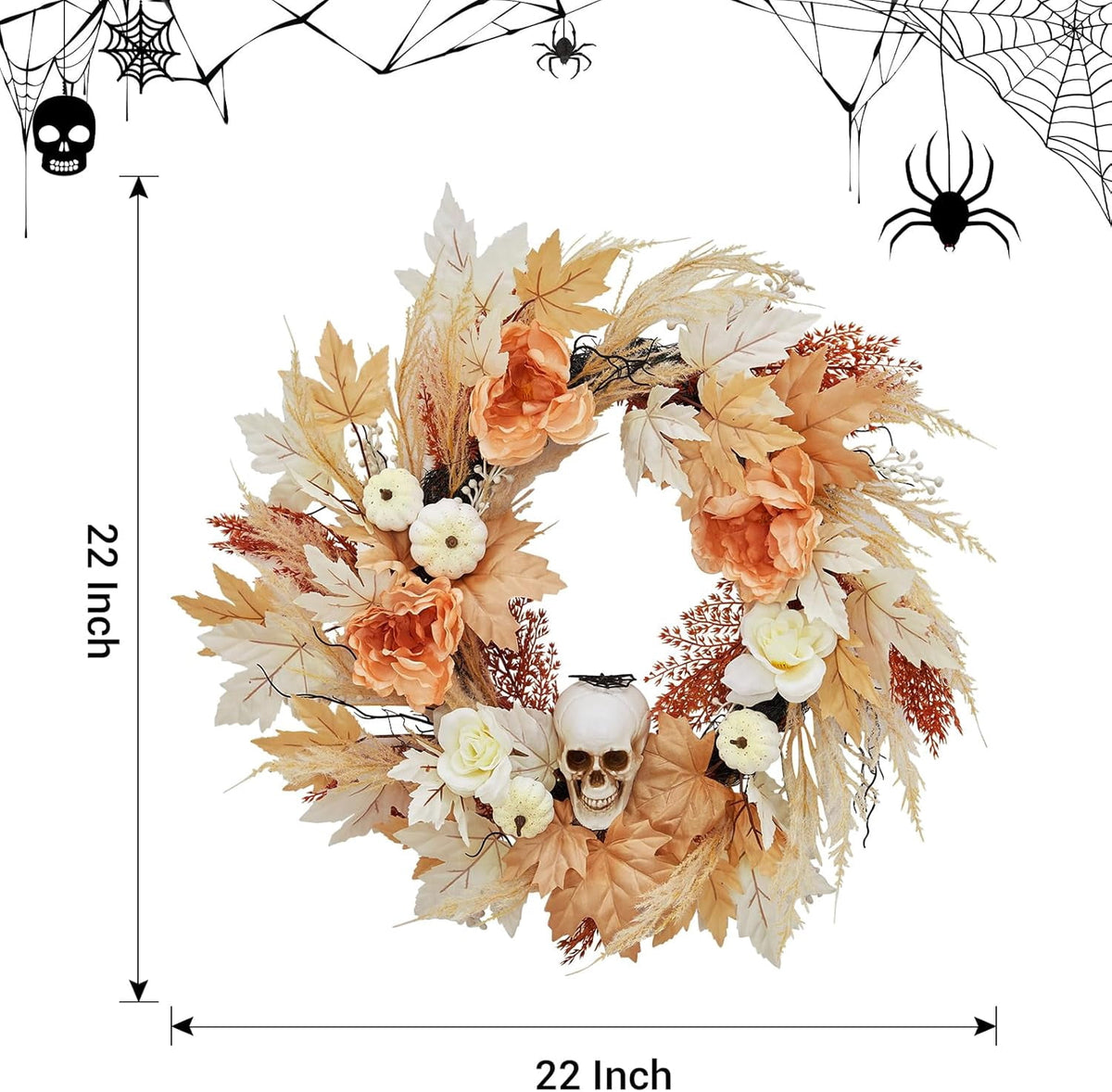 HELLONE 22 Inch Halloween Wreath for Front Door, Halloween Skull Wreath with Lights White Pumpkins Roses, Halloween Decorations Fall Maple Leaves Wreath for Porch Window Indoor Outdoor Decor