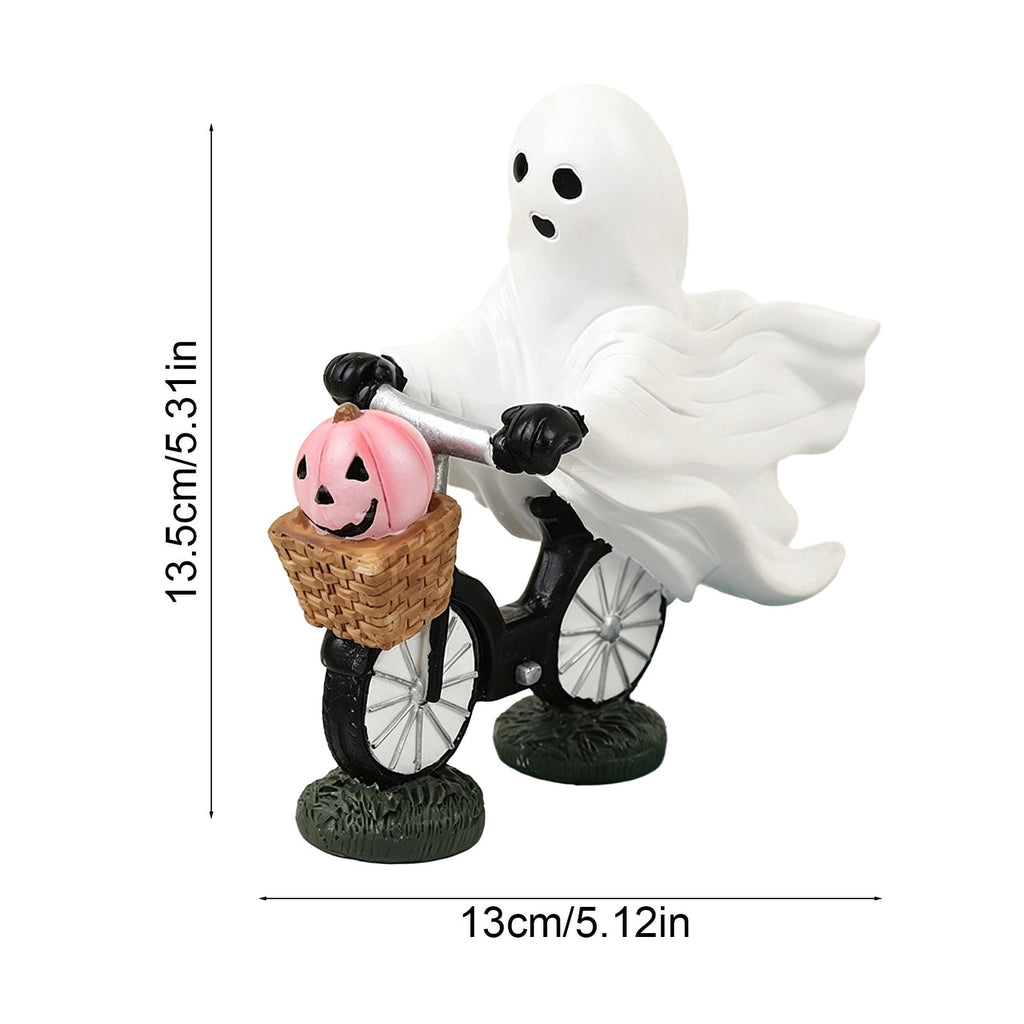 Halloween Ghost Figurine, Ghost Girl with Pink Bow & Hot Drink, Funny Ghost Statue Halloween Decor for Gift, Cute Spooky Tabletop Ornament for Home, Mantle, Desk & Party Decoration
