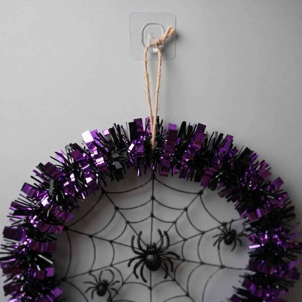 Halloween Wreaths for Front Door, Purple Black Tinsel Wreath with Spider Web & Spider Ornaments Front Door Hanging Decor for Party Home Porch