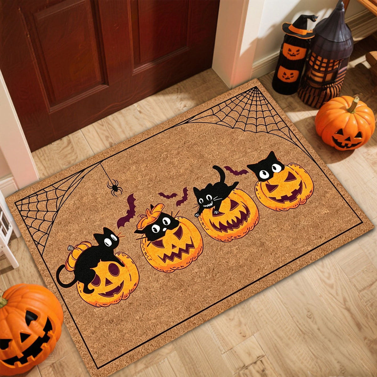 Halloween Decorations-Ghost Black Cat Coir Doormat,23.62×15.74in Pumpkin Pattern Absorbent Front Door Mat,Non-Slip Rug for Indoor Entryway Porch Fall Home Decor Outdoor Rug for Halloween Supplies