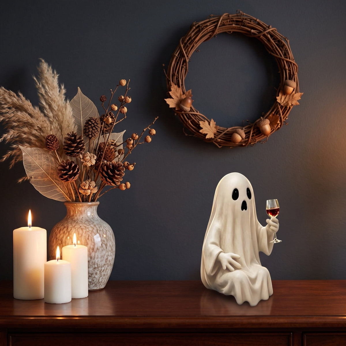 Halloween Ghost Figurine, Ghost Girl with Pink Bow & Hot Drink, Funny Ghost Statue Halloween Decor for Gift, Cute Spooky Tabletop Ornament for Home, Mantle, Desk & Party Decoration