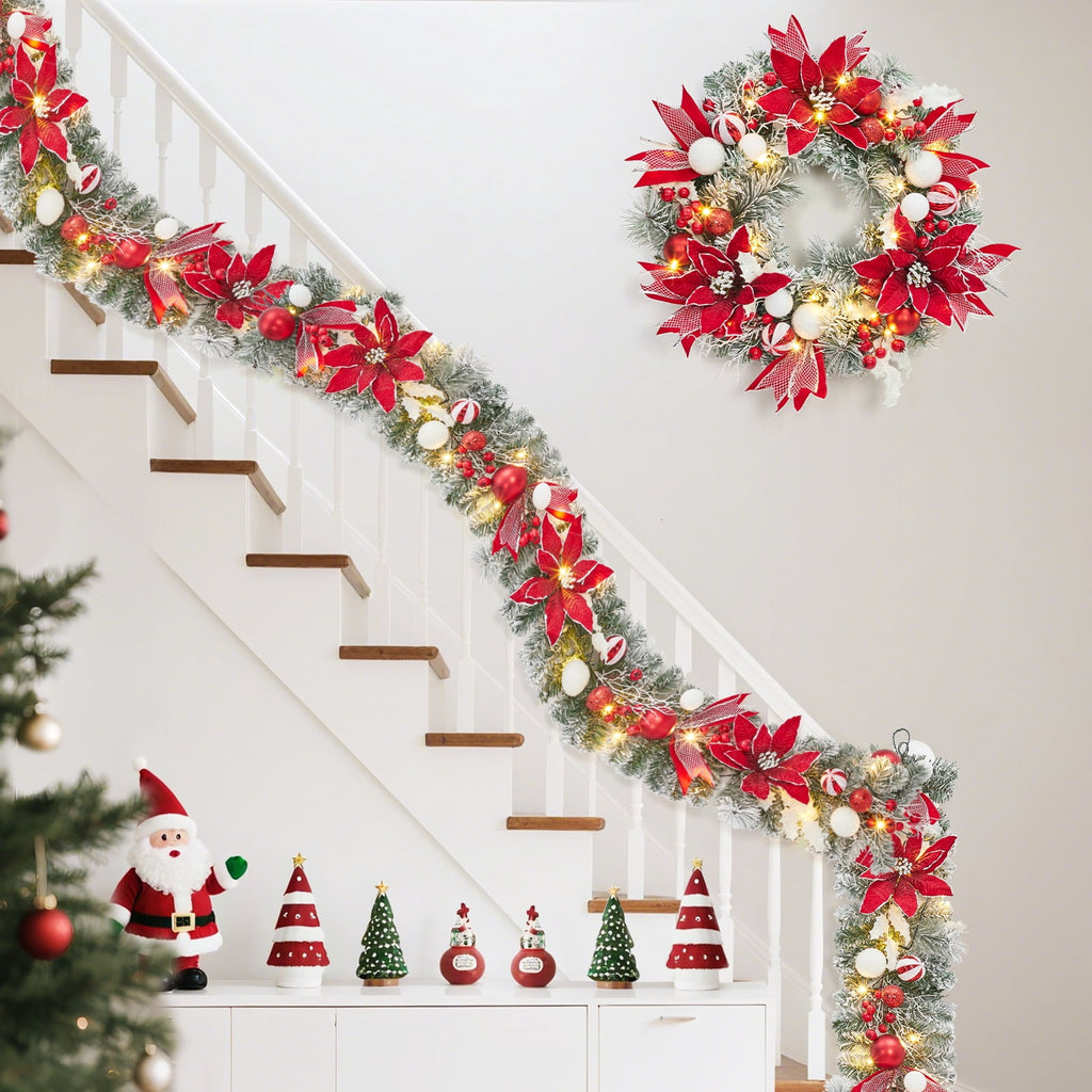 JoanKaren 24 inch Large Christmas Wreath Silver White with 20 LED Lights,Prelit Xmas Wreath w/ Ball Ornaments Pine Cone