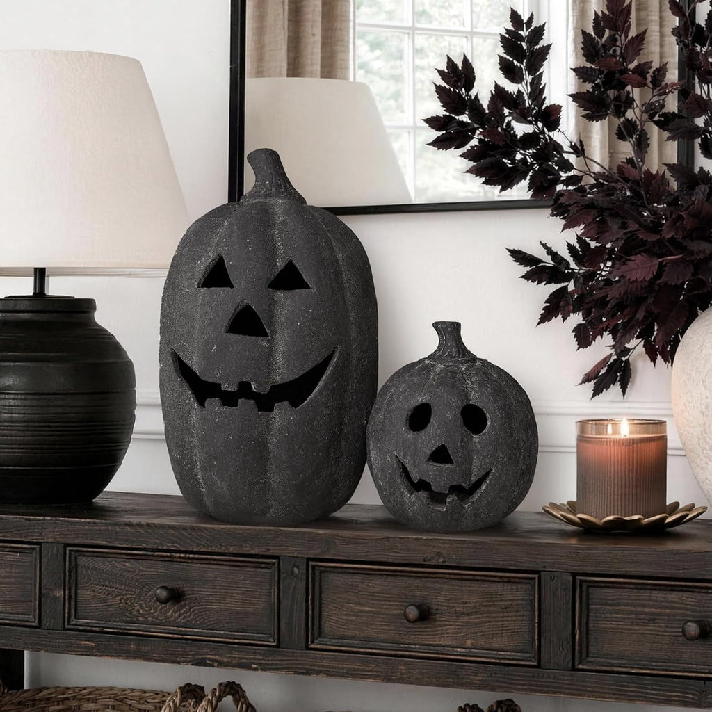 Halloween Decorations - 5.9" Black Handmade Resin Jack O Lantern Pumpkin Fall Decor, Indoor Outside Gothic Festival House Centerpiece Decoration for Table Garden Living Room Mantel