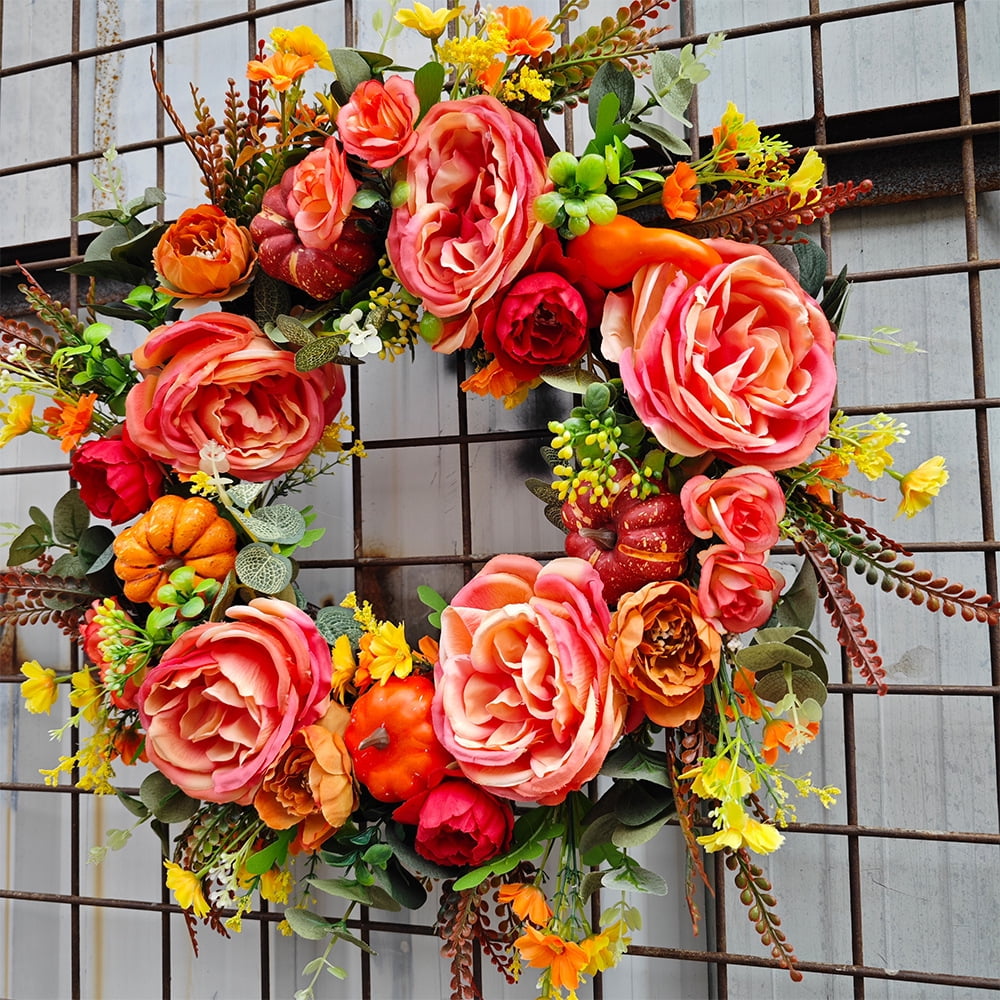 Yucurem Fall Peony Pumpkin Wreath for Front Door, 15.74" Artificial Autumn Harvest Pumpkin Wreath for Halloween Thanksgiving Harvest Mantle Porch Wall Window Decor