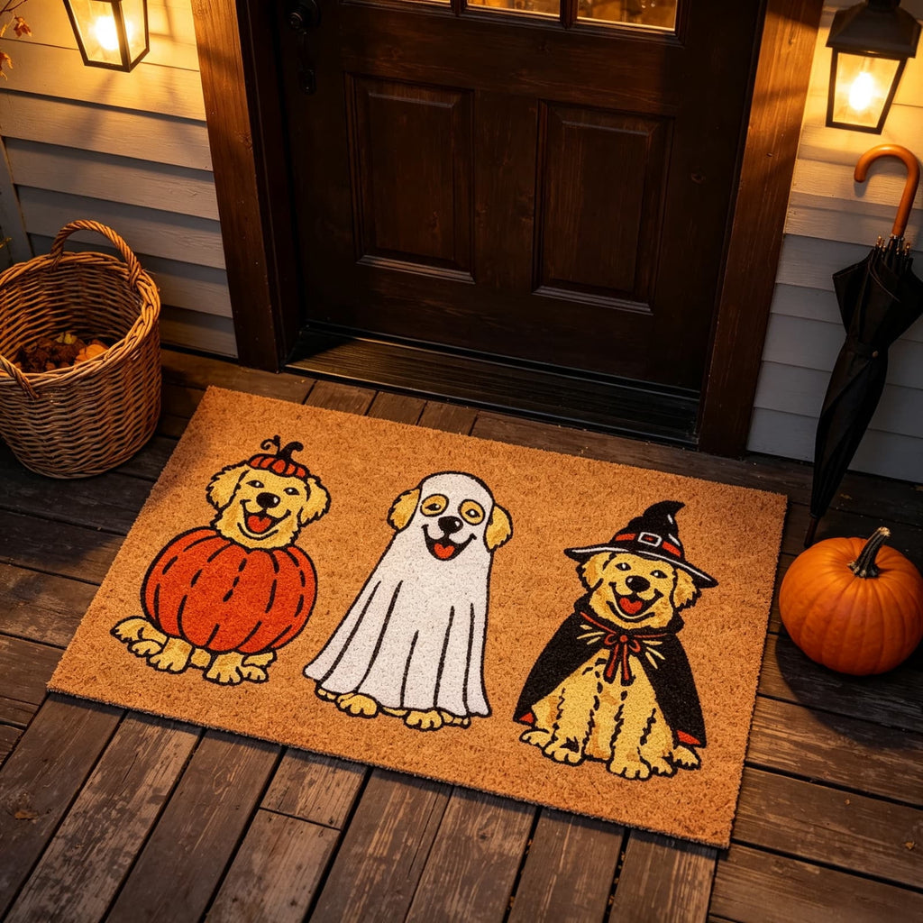 Halloween Dog Door Mat 16x24", Golden Retriever Ghost Pumpkin Welcome Rug for Porch, Halloween Outdoor Decorations