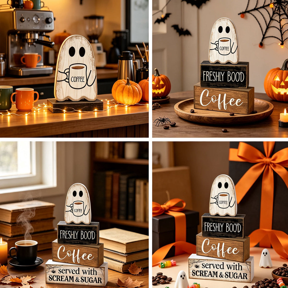 4 Pcs Halloween Decorations Table Decor Coffee Ghost Wooden Sign Halloween Tiered Tray Decor Farmhouse Ghost Tabletop Centerpiece Decorative Coffee Bar Block Signs for Home Office Kitchen Shelf