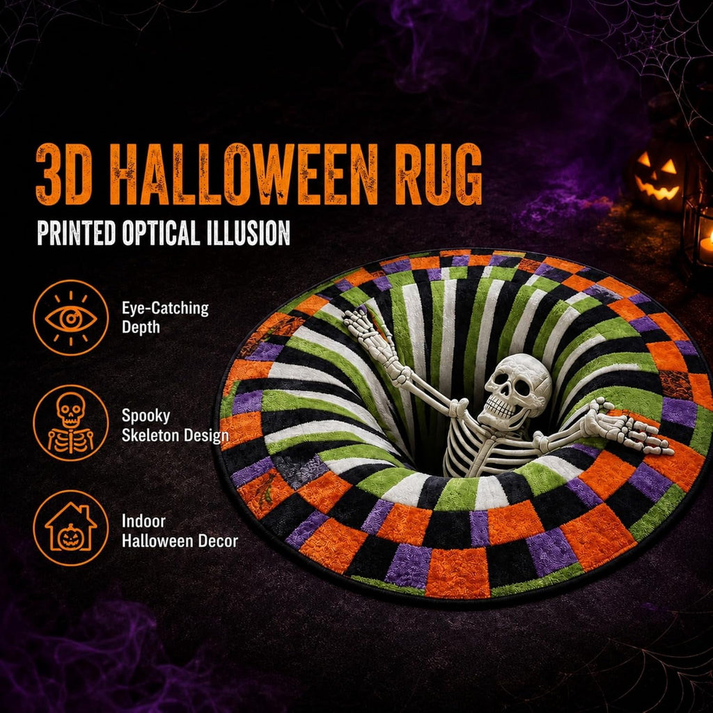 3D Halloween Rug, skeleton vortex quilted round Mat (#B,140 cm / 55.1 in) | 3D Candy Corn Abyss Quilted Round Mat with Spooky Depth Design Crystal Velvet Soft & Durable Fabric Non-slip
