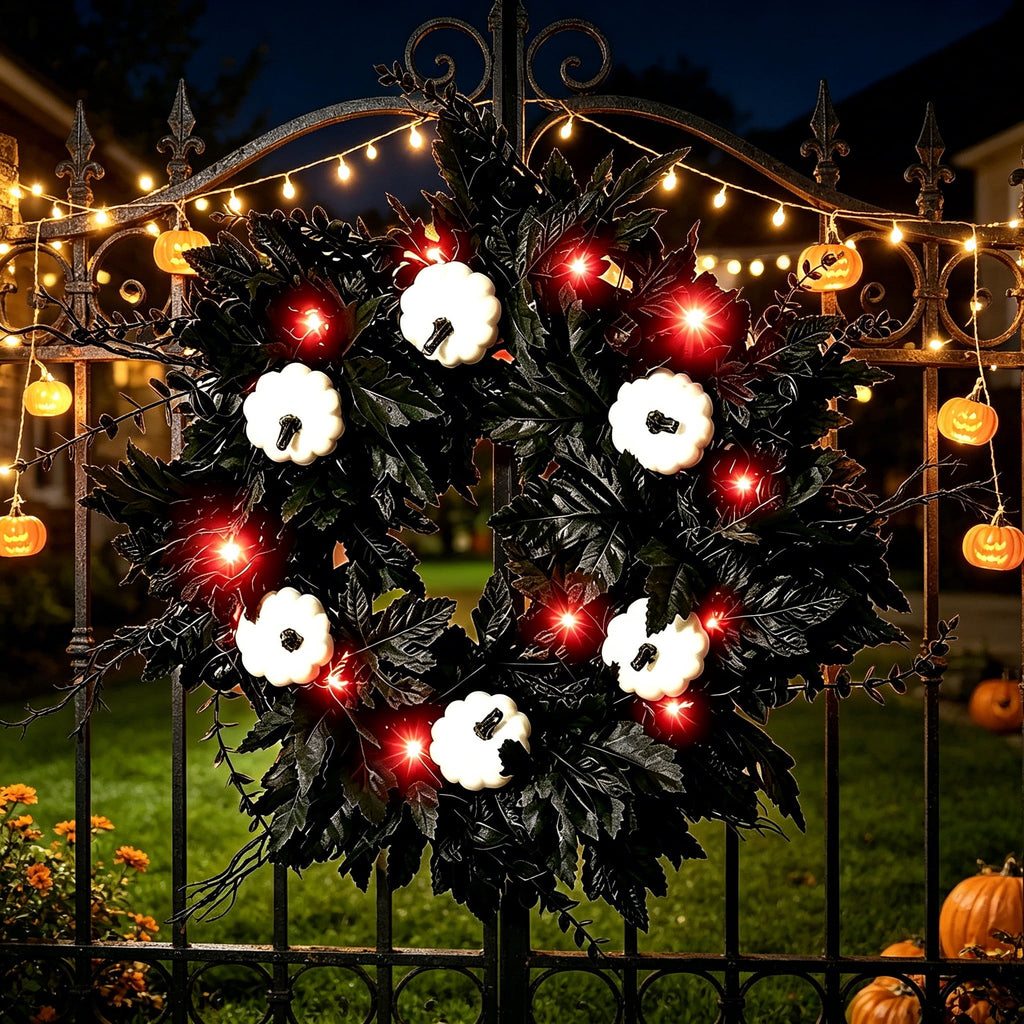 Halloween Wreaths Decoration for Front Door,Black Maple Pumpkin Wreath Decor with Lights,Fall Artificial Flower Wreath for Halloween Thanksgiving Wall,Window,Indoor Outdoor Halloween Home Decoration