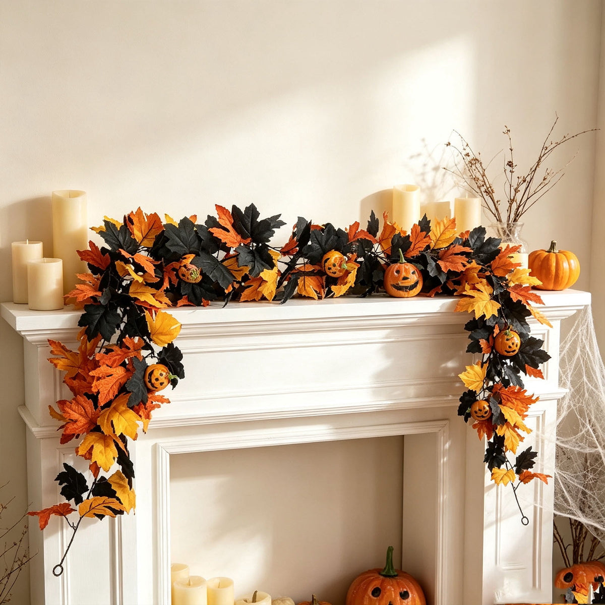 Chmadoxn 78.74" Halloween Thanksgiving Maple Leaf Garland with Mini Pumpkins & Berries, Artificial Fall Leaves Vine for Mantel Staircase Porch, Autumn Harvest Hanging Home Decor