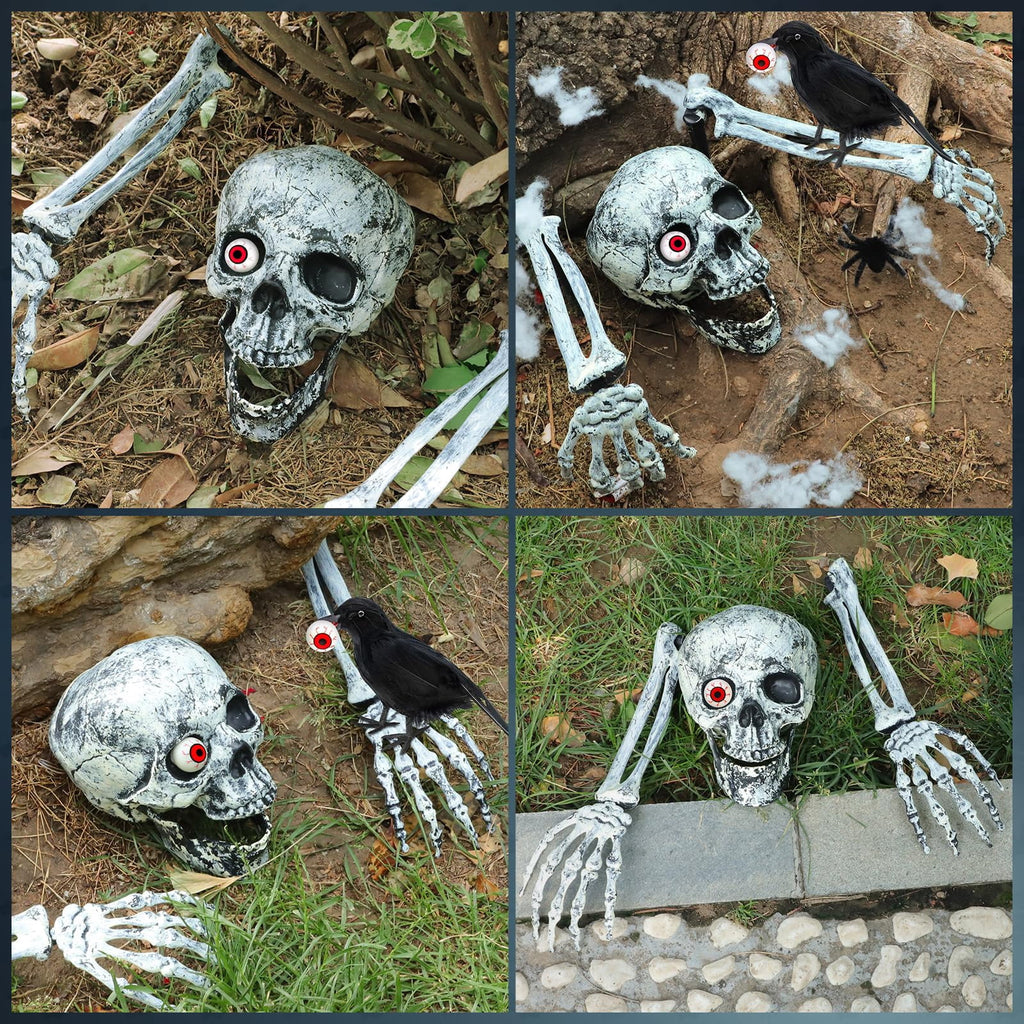 WETRBWEH Halloween Skeleton Stakes with Crow and Red Eyes Garden Halloween Decorations for Lawn Outdoor