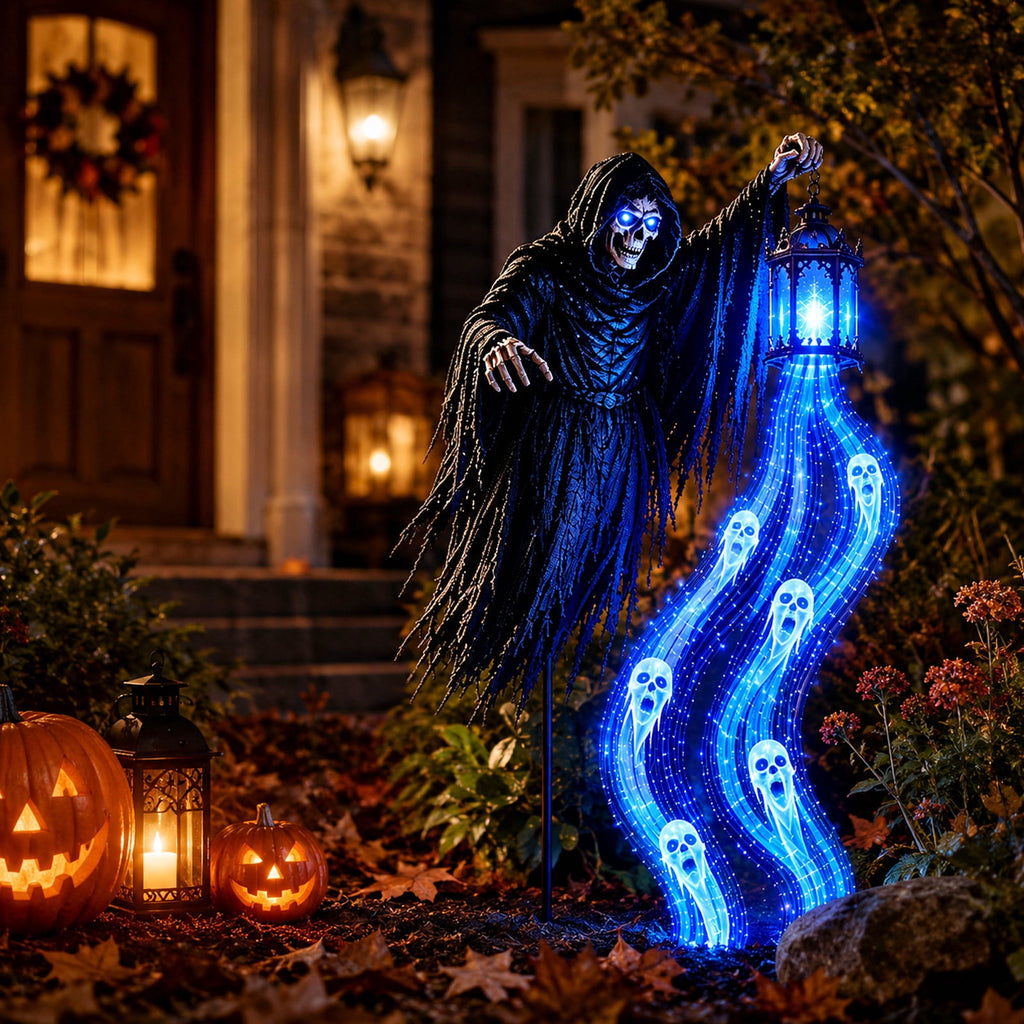 Halloween Soul Harvester Animated Solar Garden Stake Light, Spooky Grim Reaper with Blue Ghost Lights and Lantern, 31.5 Inch Solar Halloween Yard Stake for Haunted House Lawn Garden Decor