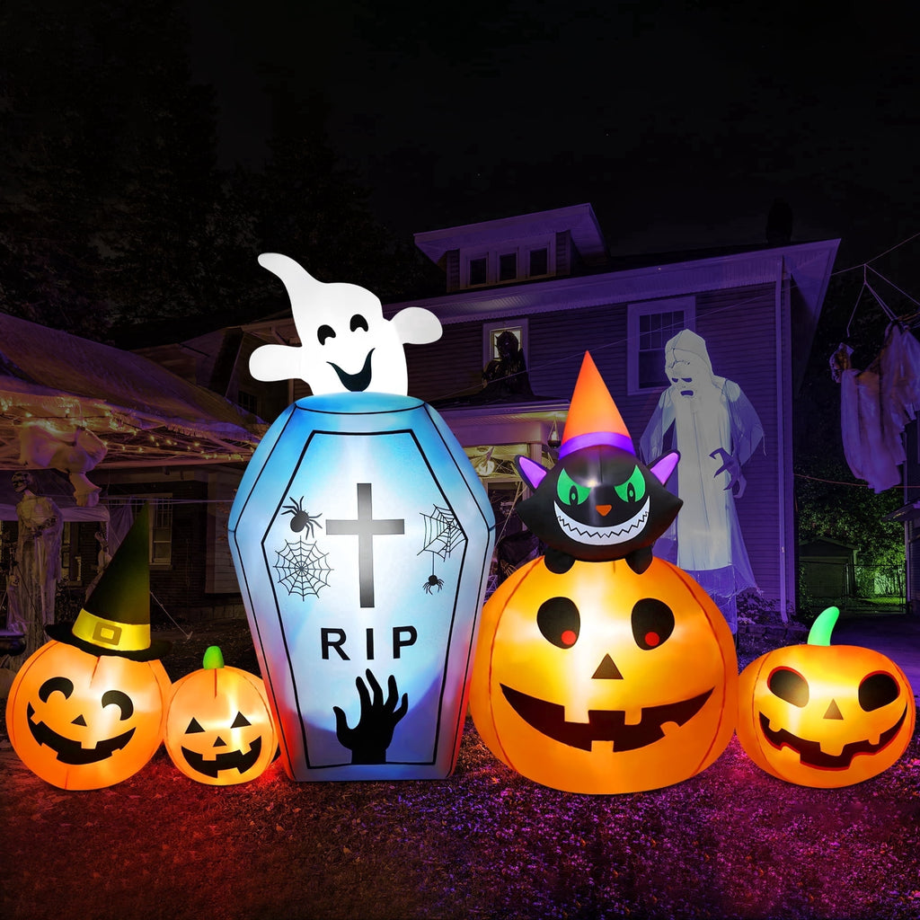 Yexmas 10ft Halloween Inflatable Pumpkins Outdoor Decor with Black Cat Tombstone and Spectre,Built-in LED Lights,for Halloween Party,Yard,Garden,Lawn