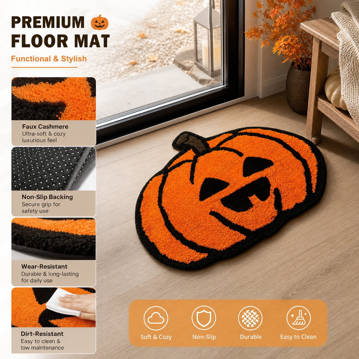 Halloween Door Mat Pumpkin Shaped Non-Absorbent Skidproof Mat 15.75x23.62in Polyester Skidproof & Weather Resistant for Front Door Porch Indoor Outdoor Halloween Door Mat by MPOISVA