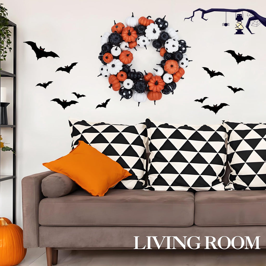 Halloween Pumpkin Wreath, 18 Inch Fall Wreath for Front Door with Orange, Black and White Pumpkins, Rattan Bottom Thanksgiving Indoor Outdoor Home Party Decor