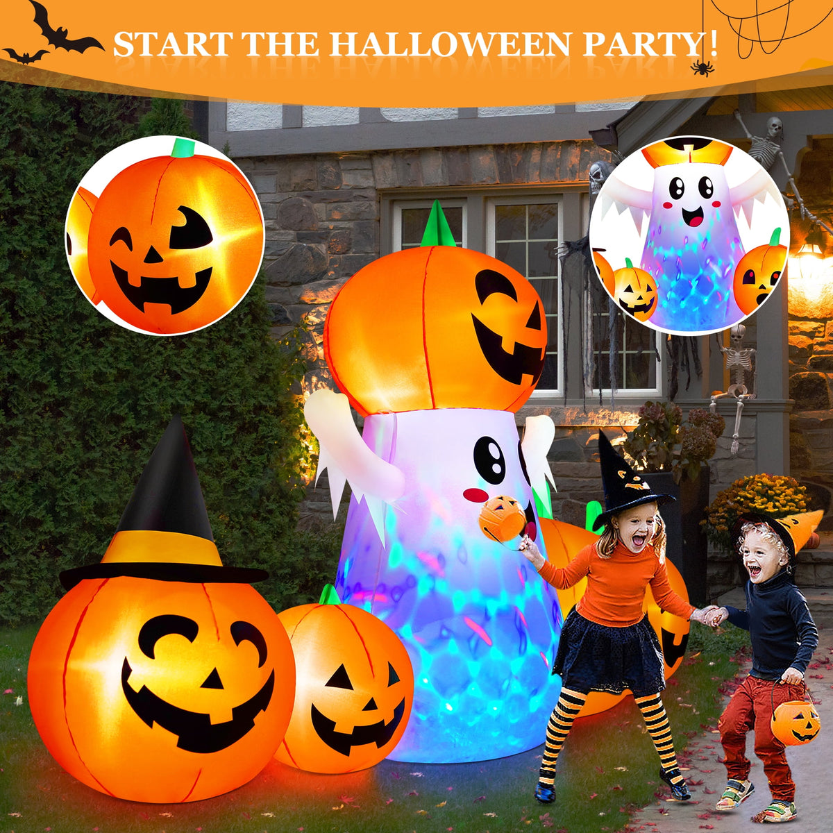 Yexmas 9.4ft Halloween Inflatable Pumpkins Outdoor Decor with Black Cat Tombstone and Spectre,360° Rotating Colorful LED Lights,for Halloween Party,Yard,Garden,Lawn