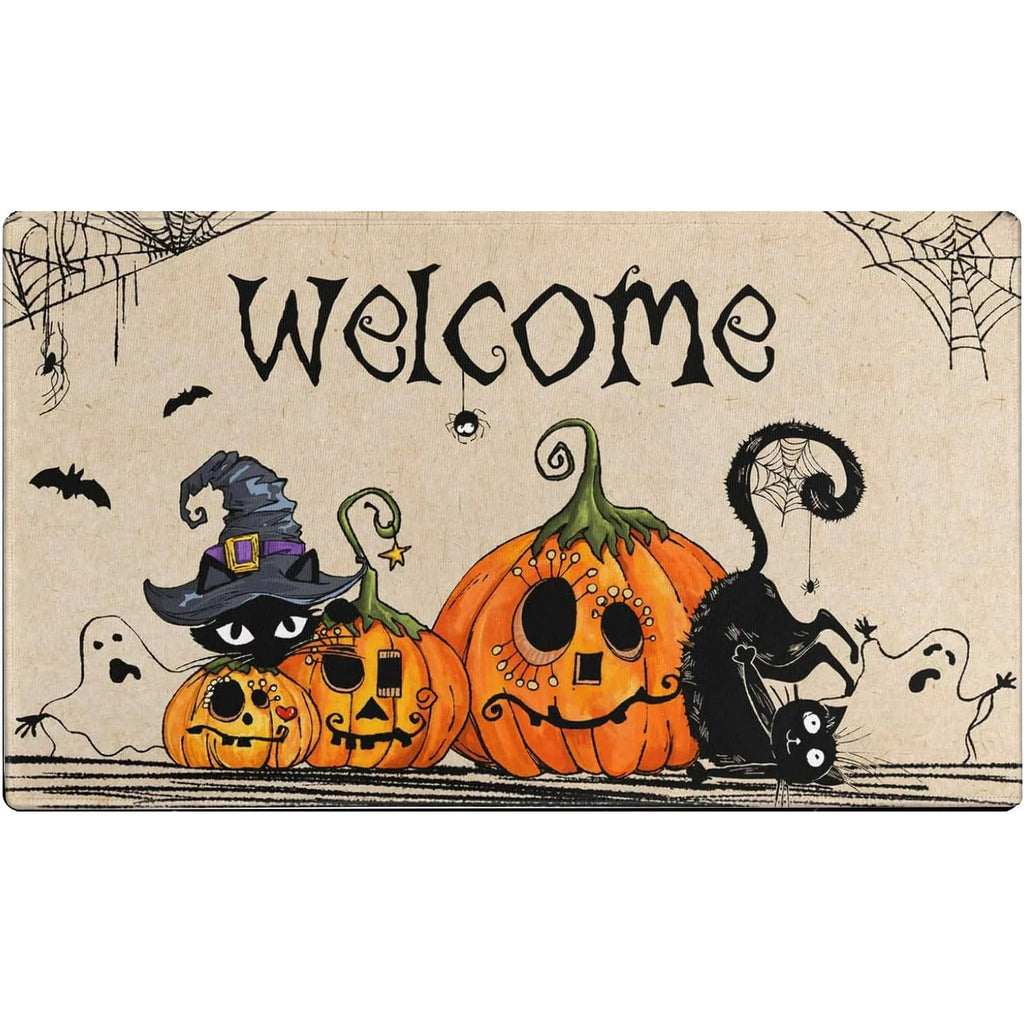 TOPRenddon Happy Halloween Door Mat, Front Door Mat Non Slip, Welcome Skull Ghost Yard Floor Doormat Kitchen Entry Outdoor Indoor Entrance