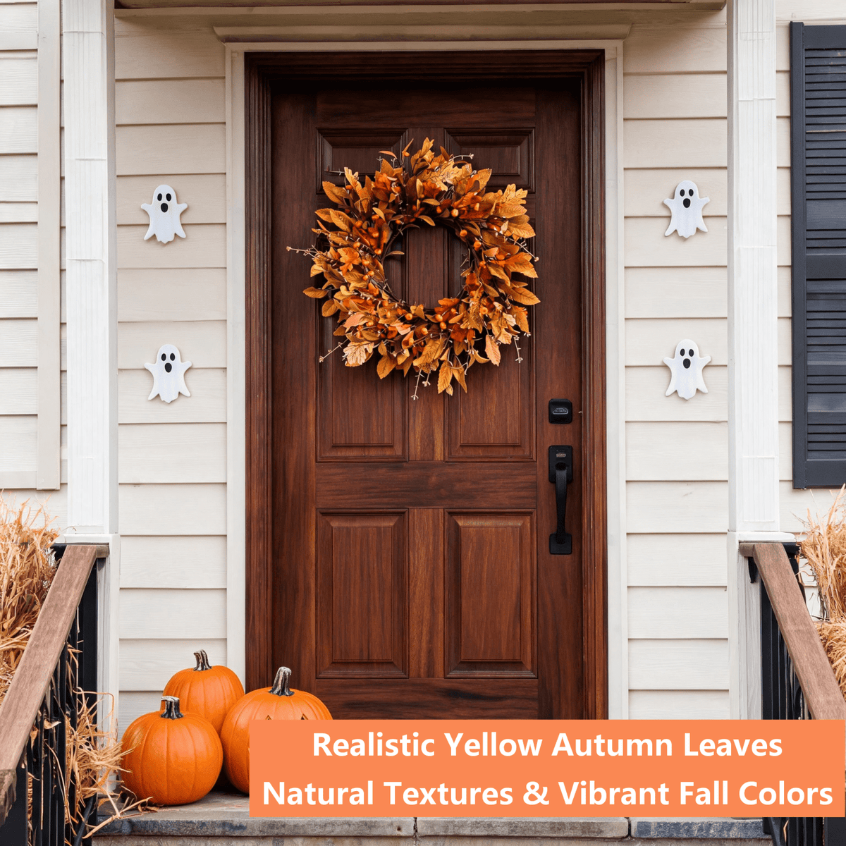Fall Wreath Pumpkin Wreath for Front Door with Maple Leaves Harvest Wreath for Door Window Porch Thanksgiving Halloween Decor