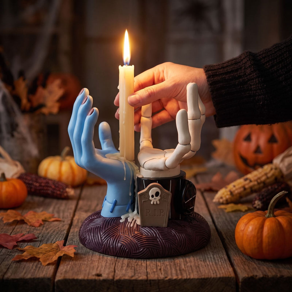 Halloween Hand Candle Holder Decorative Tabletop Figurine Resin Sculpted Accent for Mantel Shelf Desk Party Display