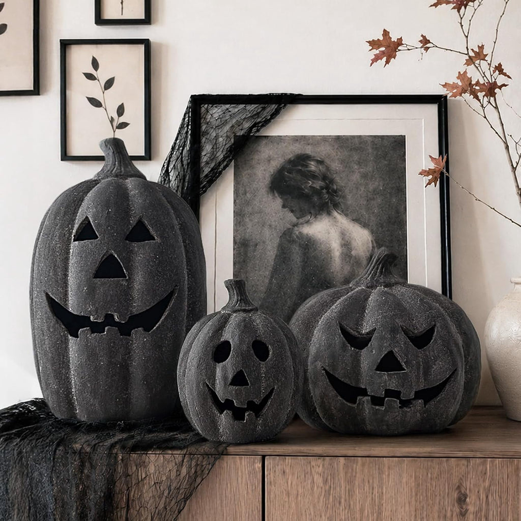 Halloween Decorations - 5.9" Black Handmade Resin Jack O Lantern Pumpkin Fall Decor, Indoor Outside Gothic Festival House Centerpiece Decoration for Table Garden Living Room Mantel