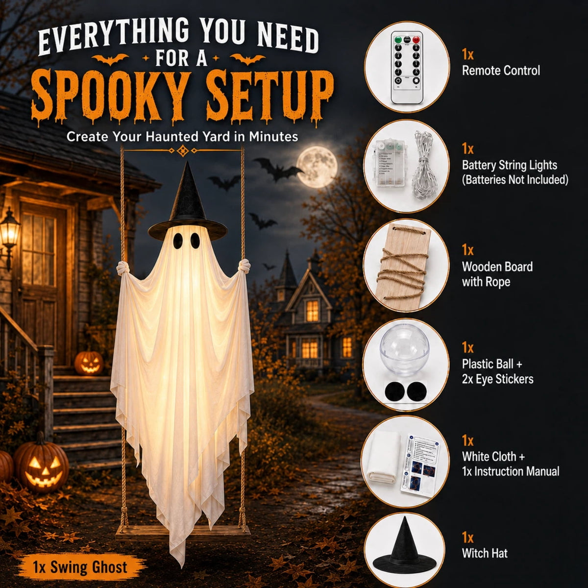 Light Up Swinging Ghost Outdoor Decor, 6.56FT Pre-Assembled LED Hanging Ghost on Swing with Remote Control, Halloween Decorations Outdoor for Porch Yard Tree