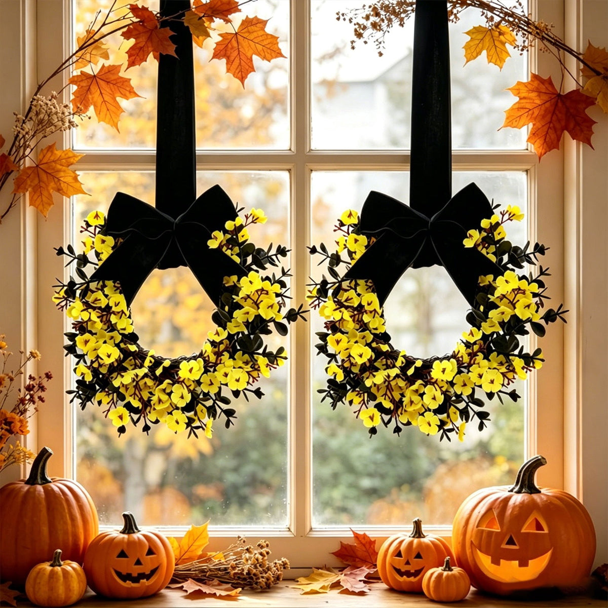 FXMLRLK 1 Pack Halloween Cabinet Wreaths with Ribbon Bows Artificial Flowers Kitchen Wreath for Window Front Door Farmhouse Wall Halloween Decorations, Blue