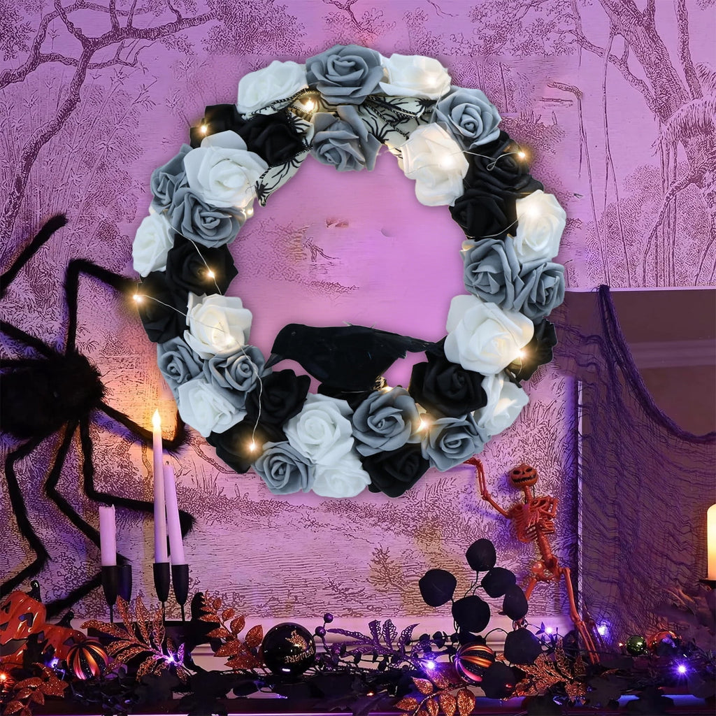 Halloween Decorative Wreath with Crow Roses Lights,13.7" Black White Flowers Gothic Garland for Wedding,Creepy Decor Pendant,Wreath for Front Door Porch Window, Indoor Outdoor Home Halloween Decor