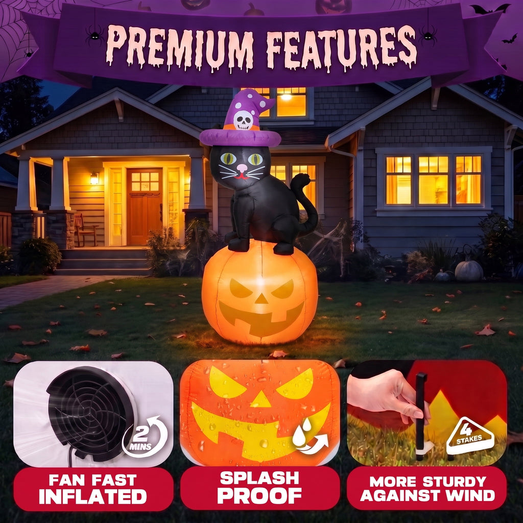 Glazina 6 FT Halloween Inflatable Skeleton on Pumpkin with Witch Hat, Built-In LED Lights, Outdoor Halloween Blow Up Yard Decoration
