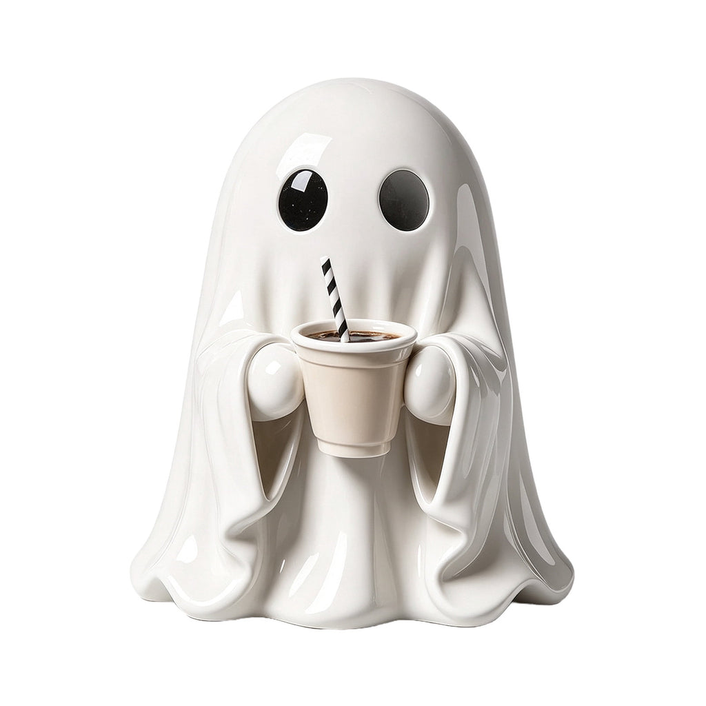 Halloween Ghost Figurine, Ghost Girl with Pink Bow & Hot Drink, Funny Ghost Statue Halloween Decor for Gift, Cute Spooky Tabletop Ornament for Home, Mantle, Desk & Party Decoration