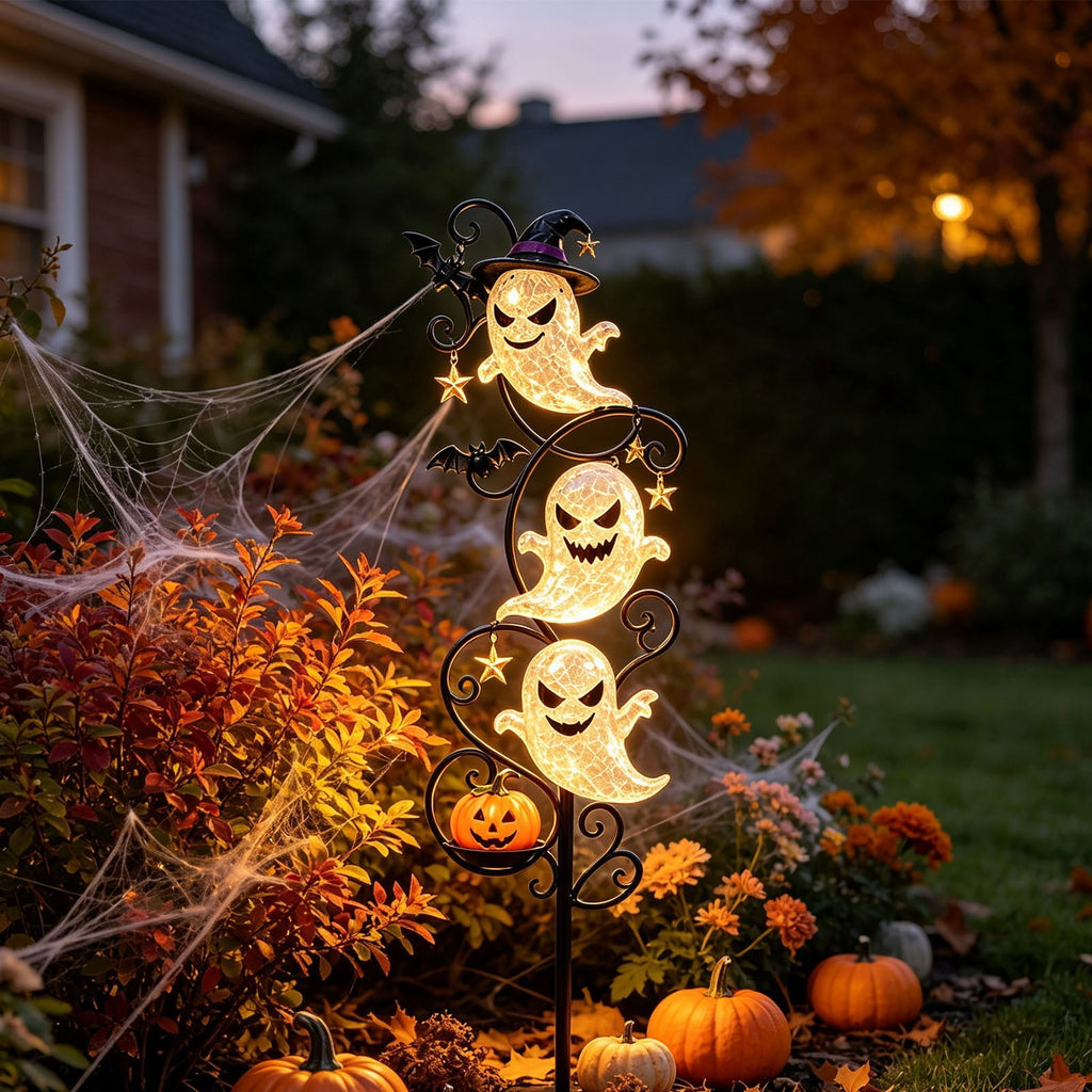 Solar Halloween Garden Stake Light, Bats & Spooky Ghosts Waterproof Solar Lantern Stake with Hanging Pumpkin, Outdoor Halloween Yard Decor for Garden Patio Lawn Pathway