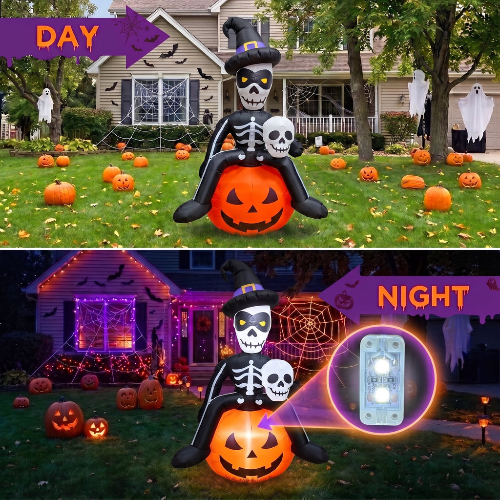 Glazina 6 FT Halloween Inflatable Skeleton on Pumpkin with Witch Hat, Built-In LED Lights, Outdoor Halloween Blow Up Yard Decoration