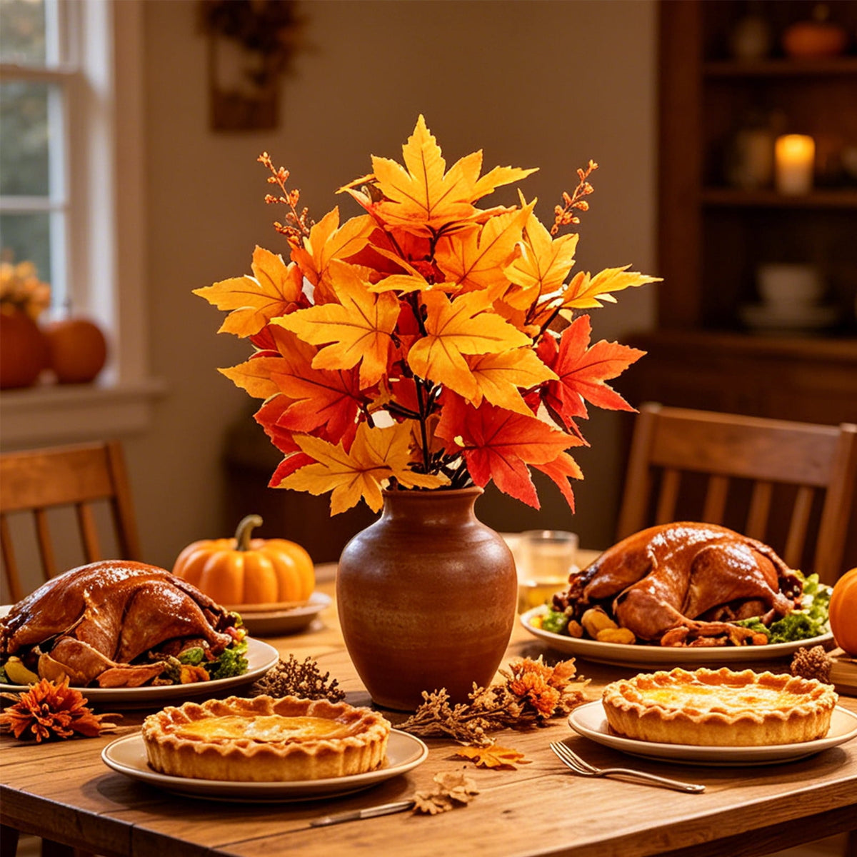SPOORYYO 2Pcs Fall Maple Leaves Stems for Vase, Artificial Autumn Fake Leaves Decor, Maple Leaf Bushes Shrubs for Thanksgiving Halloween Home Farmhouse Table Centerpiece, 12.99" x 7.87"