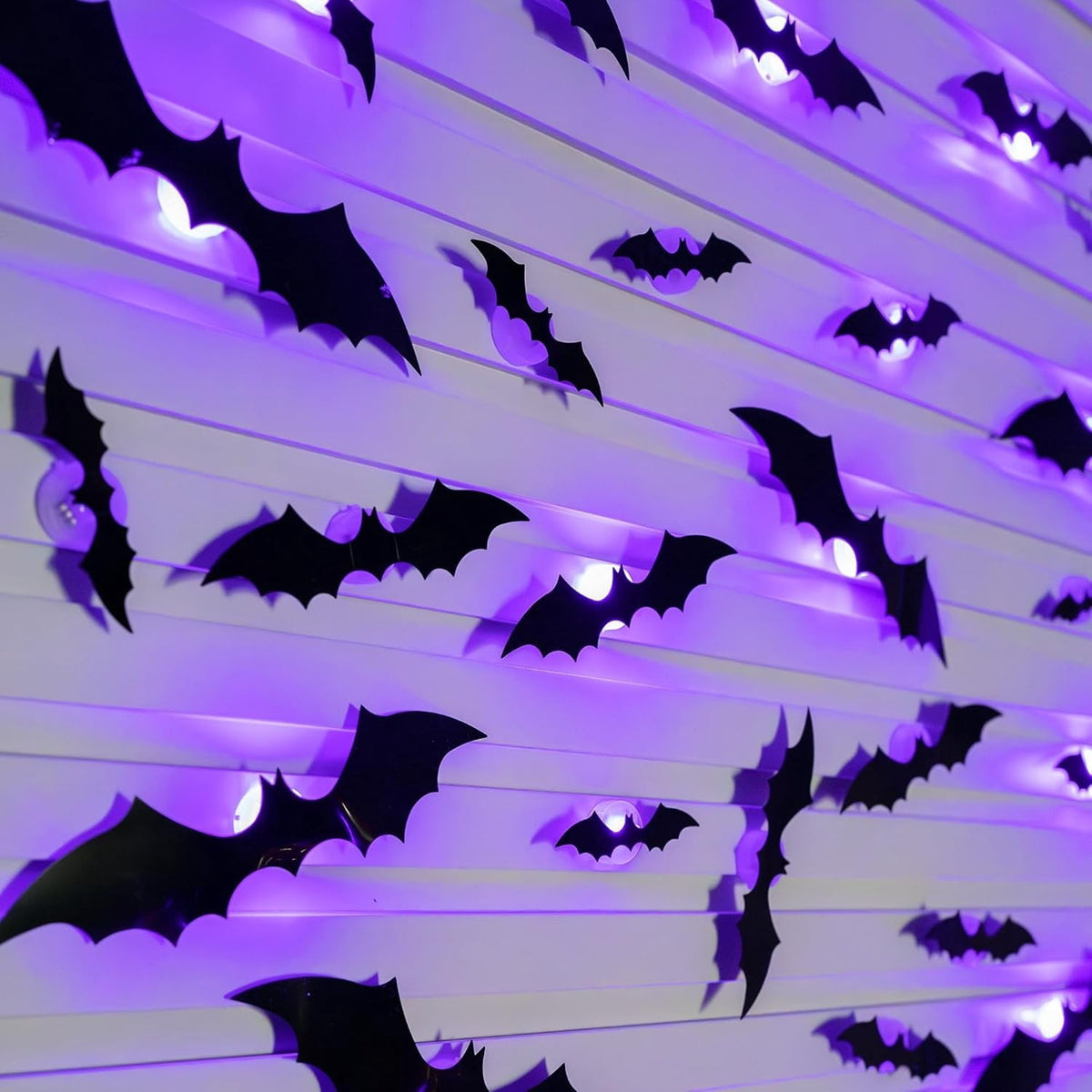 CQHVKQ 36 PCS Halloween Bats Decorations, Realistic 3D LED Bats Wall Stickers Decor, Assorted Size Removable Lighted PVC Bats DIY Wall Sticker for Halloween Party, Bedroom, Home, Indoor and Outdoor