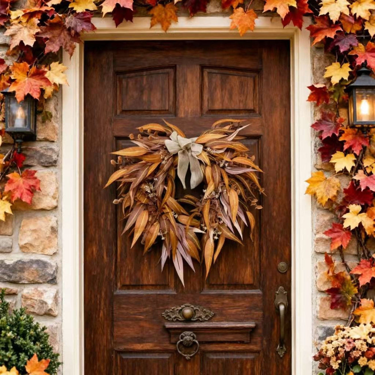 20" Fall Thanksgiving Wreath for Front Door - Artificial Harvest Autumn Foliage Wreath with Bow, Halloween Rustic Farmhouse Wall & Mantle Holiday Decor for Indoor Outdoor
